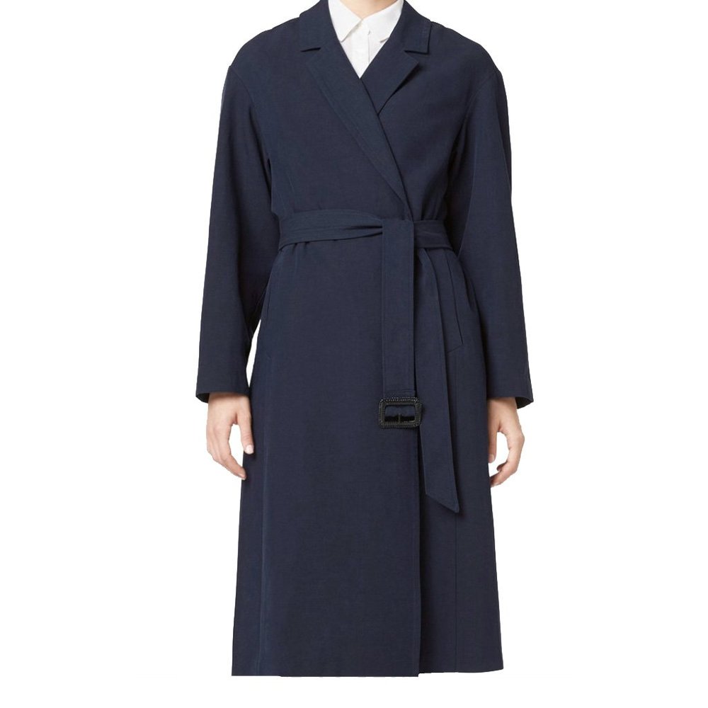NEW! $648 Cole Haan Wrap Style Maxi Coat! Navy Linen & Cotton Belted T10148
